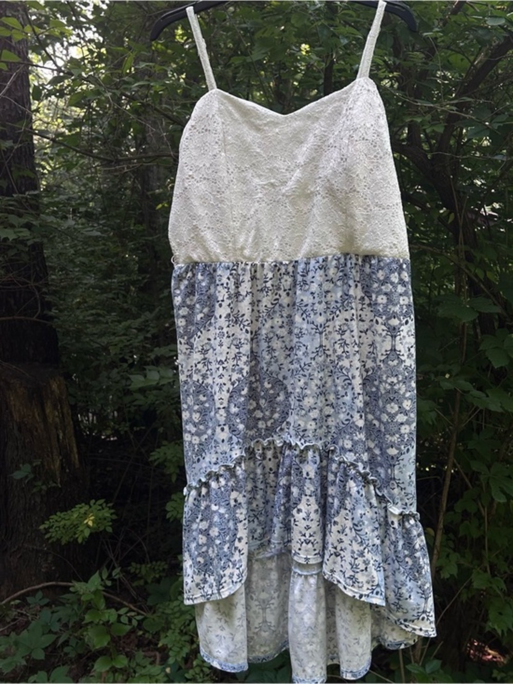 No Boundaries White Lace Blue Floral Paisley High Low Dress